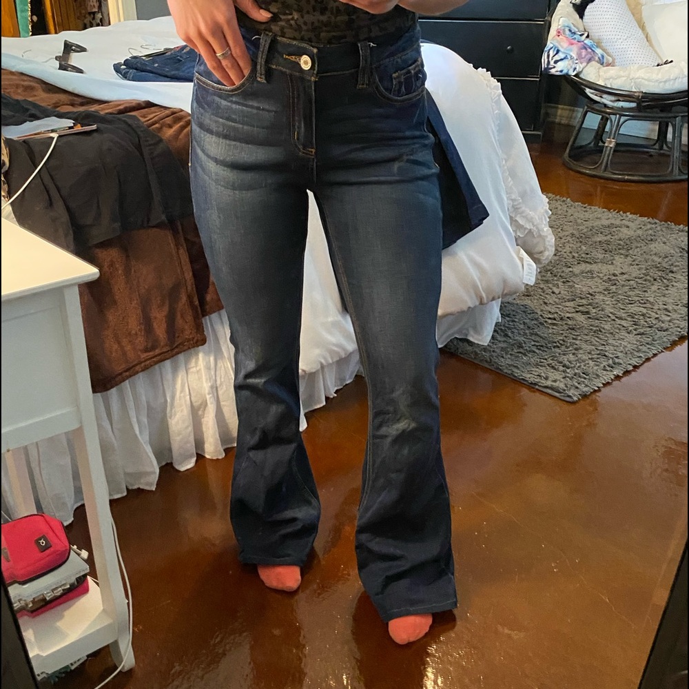 KanCan women’s dark wash boot cut wide leg.